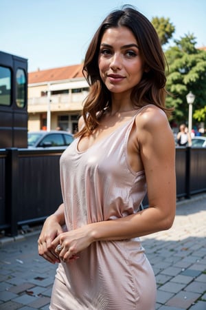 film still, upper body shot, fashion photography, a gorgeous woman in Berlin, sleeveless dress, realistic skin texture, posing with a landmark in the background, masterpiece, shot on FujiFilm gfx, style raw, depth_of_field 