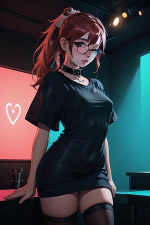  a young 18-year-old dwarf girl poses for a photographer in a nightclub, the girl is wearing only a translucent white knee-length oversized shirt, the girl has no clothes under the T-shirt,  bdsm collar, big round nerd glasses, red ponytails, small breasts and a neat vagina are visible under the T-shirt, the nightclub is dark, neon lighting, bokeh, dim lighting, Red love hearts are used in the design of the room, cinematic lighting, volumetric lighting,Sexy Pose,excessive pubic hair,IncrsPajChal,naked sweater,Styles Pose