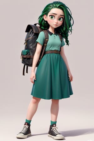 1girl, 25 years old, petite build, dark green knee-length dress, pale skin, long-length black and green Afro corneows with green cornrows woven in, small black leather backpack on the back, 
long hair, big black sneakers, massive dog collar, light green eyes, short dress, bags under eyes, simple background, :3, full body, standing,highres, long hair,photorealistic,disney pixar style