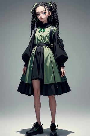 1girl, 25 years old, petite build, dark green knee-length dress, pale skin, waist-length Afro braids with green ribbons woven in, small black leather backpack on the back, 
long hair, big black sneakers, massive dog collar parted hair, wavy hair, light green eyes, frills, green camisole, short dress, bags under eyes, simple background, :3, full body, standing,highres