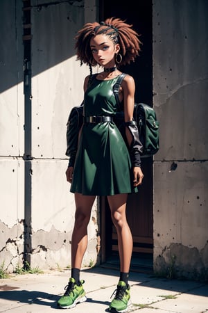 1girl, 25 years old, petite build, dark green knee-length dress, pale skin, long-length Afro corneows with green cornrows woven in, small black leather backpack on the back, 
long hair, big black sneakers, massive dog collar parted hair, light green eyes, short dress, bags under eyes, simple background, :3, full body, standing,highres