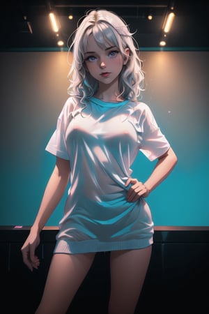  a young 18-year-old dwarf girl poses for a photographer in a nightclub, the girl is wearing only a translucent white knee-length oversized shirt, the girl has no clothes under the T-shirt, small breasts and a neat vagina are visible under the T-shirt, the nightclub is dark, neon lighting, bokeh, dim lighting, cinematic lighting, volumetric lighting,Sexy Pose,excessive pubic hair,IncrsPajChal,naked sweater