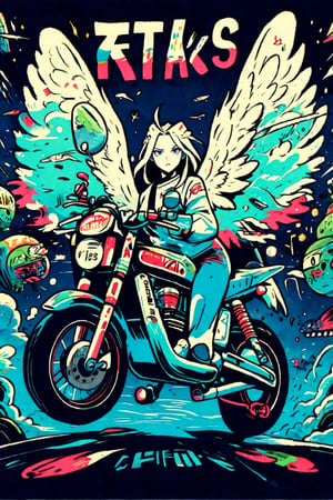 Girl sit on bike and fly on wings, apokalypse style,MOTORCYCLE