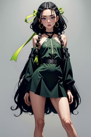 1girl, 25 years old, petite build, dark green knee-length dress, pale skin, long-length Afro braids with green ribbons woven in, small black leather backpack on the back, 
long hair, big black sneakers, massive dog collar parted hair, wavy hair, light green eyes, short dress, bags under eyes, simple background, :3, full body, standing,highres