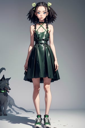 1girl, 25 years old, petite build, dark green knee-length dress, pale skin, waist-length Afro braids with green ribbons woven in, small black leather backpack on the back, 
long hair, big black sneakers, massive dog collar parted hair, wavy hair, light green eyes, green camisole, short dress, bags under eyes, simple background, :3, full body, standing,highres