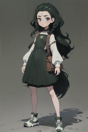 1girl, 25 years old, petite build, dark green knee-length dress, pale skin, long-length black and green Afro corneows with green cornrows woven in, small black leather backpack on the back, 
long hair, big black sneakers, massive dog collar, light green eyes, short dress, bags under eyes, simple background, :3, full body, standing,highres, long hair,photorealistic,disney pixar style,3D