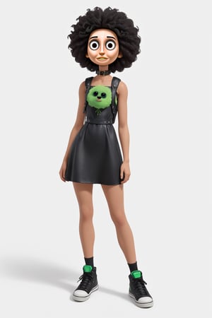 1girl, 25 years old, petite build, dark green knee-length dress, pale skin, long-length black and green Afro corneows with green cornrows woven in, small black leather backpack on the back, 
long hair, big black sneakers, massive dog collar, light green eyes, short dress, bags under eyes, simple background, :3, full body, standing,highres, long hair,photorealistic,disney pixar style,3D,score_9