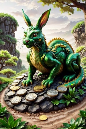Top quality, high quality, FHD, ultra-high resolution, 8k, extramasterpiece, super detail, photorealistic, lucky landscape, creatures that attract money, auspicious creatures,God of money,Golden climbing dragon ,green dragon There is a black rabbit on the ground,LegendDarkFantasy,3un