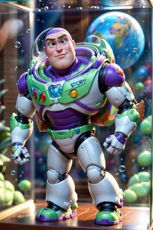 Buzz Lightyear from Toy Story, inside a beautiful display case in an ultra realistic, high definition display
3D,Cartoon,bubbleGL