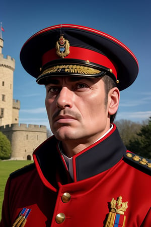 good quality image, beautiful image, realistic image, masterpiece, beautiful colors, latest generation image, best image quality, full hd, 8k unit, beautiful image, ultra realistic image, 1man, emperor, general's hat, part upper body, military genius, emperor, (a broad and prominent forehead), (with bushy eyebrows and dark, penetrating eyes). (His nose was straight and angular), (and his chin was slightly retracted). Overall, his face had a serious and determined expression, which reflected his strong and determined personality, posing, castle, outside the castle
Stylish,more detail XL