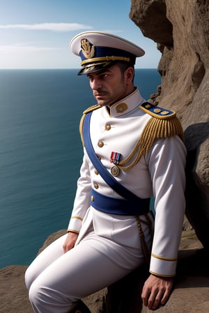 good quality image, beautiful image, realistic image, masterpiece, beautiful colors, latest generation image, best image quality, full hd, 8k unit, beautiful image, ultra realistic image, 1 man, emperor, general's hat ( full body), military genius, emperor, white uniform of a naval emperor, full of medals, (broad and prominent forehead), (with bushy eyebrows and dark, penetrating eyes). (His nose is straight and angular), (his chin is slightly retracted). In general, his face has a serious and determined expression, which reflected his strong personality, standing sideways looking at the sea, sitting on a cliff,
Stylish,more detail XL,bloodyface