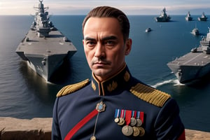 good quality image, beautiful image, realistic image, masterpiece, beautiful colors, latest generation image, best image quality, full hd, 8k unit, beautiful image, ultra realistic image,1man,emperor,general's hat,( full body), military genius, emperor, dark blue emperor's uniform, full of medals, (a broad and prominent forehead), (with bushy eyebrows and dark, penetrating eyes). (His nose is straight and angular), (chin is slightly retracted). In general, his face has a serious and determined expression, which reflected his strong personality, standing, (on a cliff), (facing the sea), looking at the sea, ((large fleet of warships in the background)),
Stylish,more detail XL,bloodyface