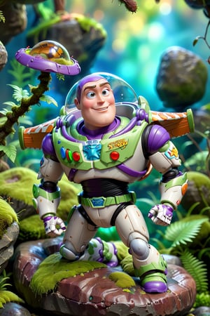 two characters, Buzz Lightyear from Toy Story, Woody from Toy Story, (full body), (alone), (front), (inside a beautiful display case), placed on top of a rock covered with moss, an impressive fantasy . 3D rendering, ultra realistic, high definition,
3D,Cartoon,bubbleGL