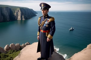 good quality image, beautiful image, realistic image, masterpiece, beautiful colors, latest generation image, best image quality, full hd, 8k unit, beautiful image, ultra realistic image,1man,emperor,general's hat,( full body), military genius, emperor, dark blue emperor's uniform, full of medals, (a broad and prominent forehead), (with bushy eyebrows and dark, penetrating eyes). (His nose is straight and angular), (chin is slightly retracted). In general, his face has a serious and determined expression, which reflected his strong personality, standing (on a cliff), (facing the sea), looking at the sea, fleet of warships in the background,
Stylish,more detail XL,bloodyface