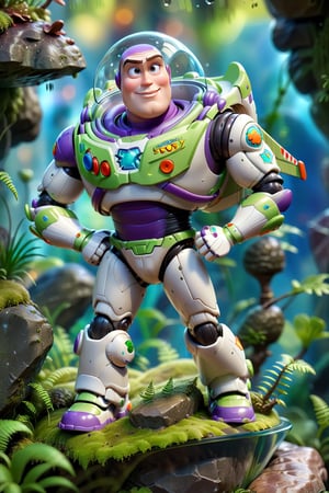 Buzz Lightyear from Toy Story, (full body), (alone), (front), ((with a dynamic pose)), (inside a glass case in a beautiful display), placed on top of a mossy rock, a fantasy awesome. 3D rendering, ultra realistic, high definition, 
3D,Cartoon,bubbleGL