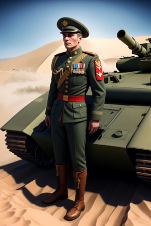 good quality image, beautiful image, realistic image, masterpiece, beautiful colors, latest generation image, best image quality, full hd, 8k unit, beautiful image, ultra realistic image, 1 man, emperor, driver's hat war tank ((full body)), military genius, emperor, worn military uniform, dirty uniform full of dust and sand,, full of medals, (broad and prominent forehead), (with bushy eyebrows and dark, penetrating eyes). (His nose is straight and angular), (his chin is slightly retracted). In general, his face has a serious and determined expression, which reflected his strong personality, a, deserted of sand, mounted on a Russian T90 war tank,
Stylish,more detail XL,bloodyface,