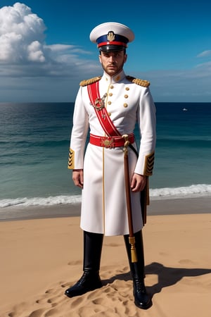 good quality image, beautiful image, realistic image, masterpiece, beautiful colors, latest generation image, best image quality, full hd, 8k unit, beautiful image, ultra realistic image, 1 man, emperor, general's hat ( (full body)), military genius, emperor, white uniform of a naval emperor, impeccable uniform, beautiful uniform, full of medals, (broad and prominent forehead), (with bushy eyebrows and dark, penetrating eyes). (His nose is straight and angular), (his chin is slightly retracted). Overall, his face has a serious and determined expression, which reflected his strong personality, a lush deserted beach of white sand, tall palm trees with green leaves and a wonderful blue sea with fluffy clouds in the sky, warship in the background in the sea,
Stylish,more detail XL,bloodyface