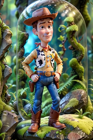 Woody from Toy Story, (full body), (alone), (front), ((arms behind back)), (inside a glass case in a beautiful display), placed on top of a mossy rock, a stunning Fantasy 3D rendering, ultra realistic, high definition
3D,Cartoon,bubbleGL
