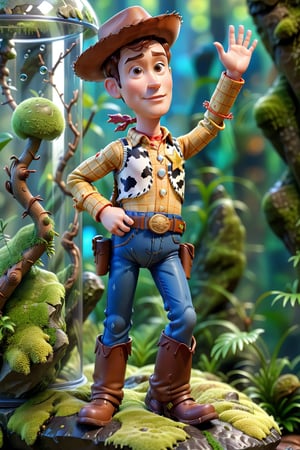 Woody from Toy Story, (full body), (alone), (front), ((arms behind back)), (inside a glass case in a beautiful display), placed on top of a mossy rock, a stunning Fantasy 3D rendering, ultra realistic, high definition
3D,Cartoon,bubbleGL