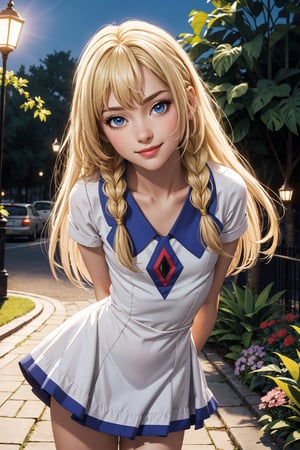 (photorealistic, masterpiece, best quality, very detailed), beautiful face, beautiful eyes, smiling, 1 girl, alone, beautiful short girl, cute girl, (front leaning forward), (arms behind her back), ( upper body),(((flat chest:1.1))),symmetrical breasts, very thin, looking at viewer, aalillie, long hair, braid, (blonde hair), (blue eyes), collarbone,(lora: lillie_(pokemon )_v1:0.7 ), detailed face, detailed eyes, short-sleeved dress, beautiful long legs, detailed and realistic skin texture, detailed hair, walking on a street, 8k resolution, full body,((short dress Passion red neckline with gold decorations), outdoors, (at night), in a large park full of flowers,
,aalillie