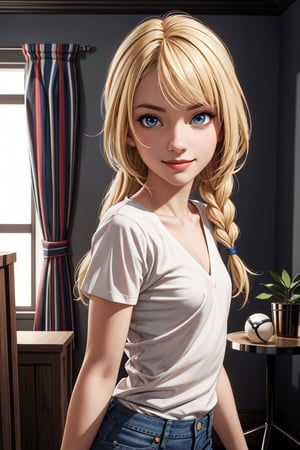 (hyper-realistic image), masterpiece, best quality, highly detailed), beautiful face, beautiful eyes, smiling, 1 girl, alone, beautiful short girl, cute girl,((sexy pose)),((side view)),( (upper body)), (((flat chest:1.1))),symmetrical breasts, very thin, looking at viewer, aalillie, long hair, braid, (blonde hair), (blue eyes), collarbone,(lora : lillie_(pokemon )_v1:0.7 ), detailed face, detailed eyes, blue jean, jeans, (green shirt), beautiful long legs, detailed and realistic skin texture, detailed hair, walking down a street, 8k resolution, in the interior of a room,
,aalillie