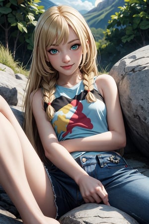 (hyper-realistic image), masterpiece, best quality, very detailed), beautiful face, beautiful eyes, smiling, 1 girl, aalillie, (alone), (lying down), beautiful short girl, cute girl, very thin, long hair, braid , (blonde hair), (green eyes), collarbone, (lora: lillie_(pokemon)_v1:0.7), detailed face, detailed eyes, blue jean, jeans, (sun shirt),((small breasts:1.1)) , symmetrical breasts, beautiful, detailed and realistic skin texture, detailed hair, lying on a large rock, in the middle of a beautiful night of stars,
,aalillie