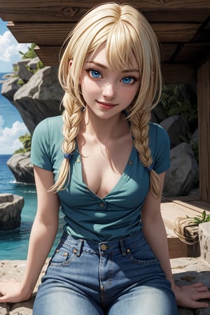 (hyper-realistic image), masterpiece, best quality, very detailed), beautiful face, beautiful eyes, smiling, 1 girl, aalillie, (alone), sitting, beautiful short girl, cute girl, very thin, looking at viewer, long hair , braid, (blonde hair), (blue eyes), collarbone,(lora: lillie_(pokemon)_v1:0.7), detailed face, detailed eyes, blue jean, jeans, (green shirt),((small breasts:1.1) ), symmetrical breasts, beautiful, detailed and realistic skin texture, detailed hair, sitting on the top of a cliff,
,aalillie