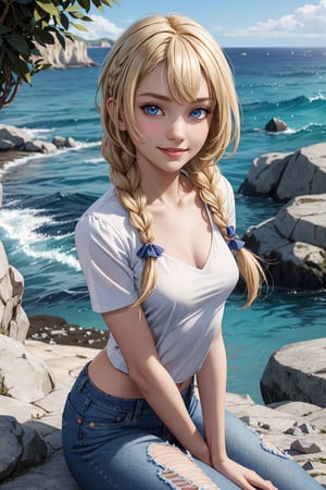 (hyper-realistic image), masterpiece, best quality, very detailed), beautiful face, beautiful eyes, smiling, 1 girl, aalillie, (alone), sitting on her back, beautiful short girl, cute girl, very thin, looking at viewer, long hair, braid, (blonde hair), (blue eyes), collarbone,(lora: lillie_(pokemon)_v1:0.7), detailed face, detailed eyes, blue jean, jeans, (beach shirt),((small breasts) :1.1)), symmetrical breasts, beautiful, detailed and realistic skin texture, detailed hair, sitting facing the sea at the top of a cliff,
,aalillie