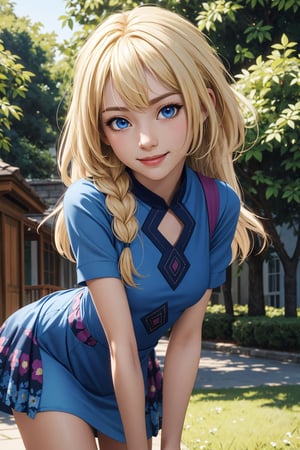 (photorealistic, masterpiece, best quality, highly detailed), beautiful face, beautiful eyes, smiling, 1 girl, alone, beautiful short girl, cute girl, (front leaning forward), (upper body),,( ((flat chest:1.1))),symmetrical breasts, very thin, looking at the viewer, aalillie, long hair, braid, (blonde hair), (blue eyes), collarbone, (lora: lillie_(pokemon)_v1:0.7) , detailed face, detailed eyes, short-sleeved dress, beautiful long legs, detailed and realistic skin texture, detailed hair, walking on a street, 8k resolution, full body,((blue low-cut short dress)),al outdoors, in a large park full of flowers,
,aalillie