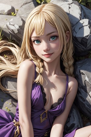 (hyper-realistic image), masterpiece, best quality, highly detailed), beautiful face, beautiful eyes, smiling, 1 girl, aalillie, (alone), (lying down),((top view)), beautiful short girl, cute girl, very thin, long hair, braid, (blonde hair), (green eyes), clavicle, (lora: lillie_(pokemon)_v1:0.7), detailed face, detailed eyes, (beautiful purple dress with gold),(( small breasts:1.1)), symmetrical breasts, beautiful, detailed and realistic skin texture, detailed hair, lying on a large rock, in the middle of a beautiful night of stars,
,aalillie