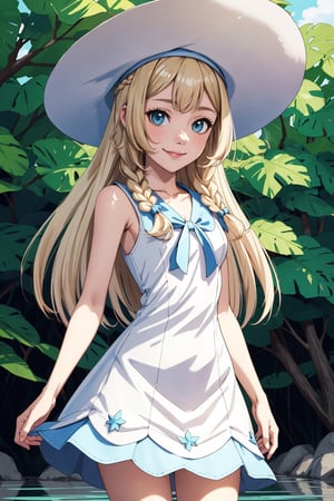 (anime style image), (masterpiece), (very good quality image), (state-of-the-art image quality), (beautiful colors), (perfect lighting), (unbeatable image quality), (full HD), (8k unit), 1 girl, aalillie, long hair, braid, sun hat, white hats, collarbone, sleeveless dress, white dress, (lora:lillie_(pokemon)_v1:0.7), smile, outdoors, photo of cowboy, standing in a large river of crystal clear water,
,aalillie