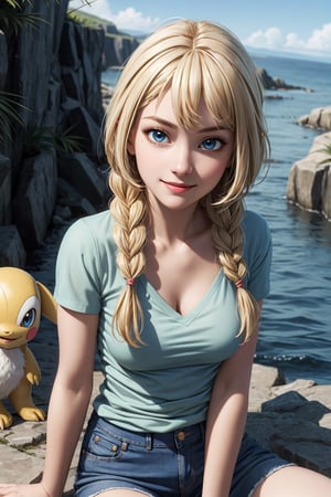 (hyper-realistic image), masterpiece, best quality, very detailed), beautiful face, beautiful eyes, smiling, 1 girl, aalillie, alone, sitting, beautiful short girl, cute girl, very thin, looking at viewer, long hair, braid , (blonde hair), (blue eyes), collarbone, (lora: lillie_(pokemon)_v1:0.7), detailed face, detailed eyes, blue jean, jeans, (green shirt), ((small breasts)), symmetrical breasts , beautiful, detailed and realistic skin texture, detailed hair, sitting on the tip of a cliff,
,aalillie