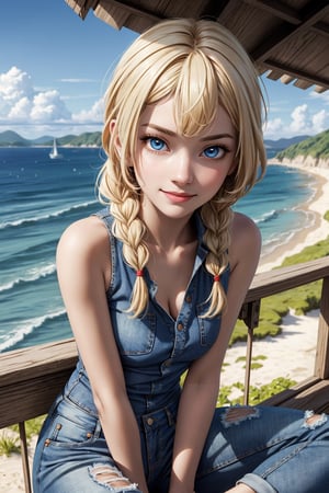 (hyper-realistic image), masterpiece, best quality, very detailed), beautiful face, beautiful eyes, smiling, 1 girl, aalillie, (alone), sitting on her back, beautiful short girl, cute girl, very thin, looking at viewer, long hair, braid, (blonde hair), (blue eyes), collarbone,(lora: lillie_(pokemon)_v1:0.7), detailed face, detailed eyes, blue jean, jeans, (beach shirt),((small breasts) :1.1)), symmetrical breasts, beautiful, detailed and realistic skin texture, detailed hair, sitting facing the sea at the top of a cliff,
,aalillie