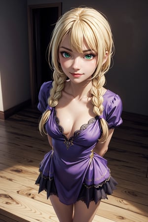 (hyper-realistic image), masterpiece, best quality, very detailed), beautiful face, beautiful eyes, smiling, 1 girl, aalillie, serious face, (alone), standing, (top view), (arms behind her back) ,(looking at the sky), beautiful short girl, cute girl, very thin, long hair, braid, (blonde hair), (green eyes), collarbone, (lora: lillie_(pokemon)_v1:0.7), detailed face, eyes detailed,(beautiful purple dress with gold),((small breasts:1.1)), symmetrical breasts, beautiful, detailed and realistic skin texture, detailed hair,
,aalillie