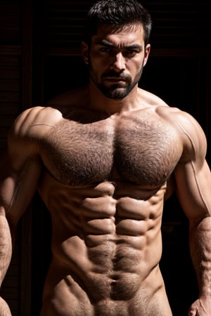 (photorealistic), masterpiece:1.5, beautiful lighting, best quality, beautiful lighting, realistic, real image, intricate details, everything in razor sharp focus, perfect focus, male focus, perfect face, extremely handsome, extremely muscular, steroid, huge muscles, huge pec, huge thigh, long chest hair, wild body hair, Photograph, masterwork, meticulous nuances, supreme resolution, 32K, ultra-defined, extremely shallow depth of field, very defined faces, excellent quality, masculine and beautiful men. depth of field, (full body view), Portrait, best quality

A photograph of a handsome monk, handsome, protruding pecs, stubbles, japanese red fundoshi, black_hair, skinhead, (brown eyes), naked, nude, maple leaf scattered in the air, wind, dynamic angle, show chest, show abs, body hair, hairy chest. dynamic pose.

sets the scene in a 16th century Japanese castle, lit with torches, good relationship of shadows on the Monk

Camera settings to capture such a vibrant and detailed image would likely include: Canon EOS 5D Mark IV, Lens: 85mm f/1.8, f/4.0, ISO 100, 1/500 sec,photorealistic,big muscles,More Detail,hairyalpha