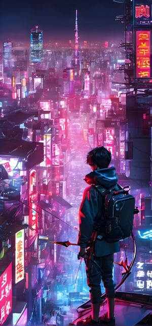 1 boy, holding one archery, standing on top building, cyber, cyberpunk style, Tokyo city, neon light, night, buildings, highres, realistic, 