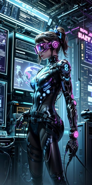 futuristic computer user interface, intense hacker man standing in front her hologram computer,holding a bow in his hand, floating infographic hologram, glowing holographic neural network, data network flowing, bokeh, bloom, bioluminescentdynamic pose,sci-fi goggles, earphone
, hyperrealistic photography, wide shot, , style of unsplash and National Geographic,Movie Still,cyberpunk style,neon photography style,cyberpunk