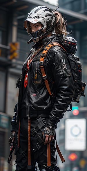a male, ulzzang-6500, (original: 1.2), (far shot), (Helmet on a face, mask in face, cyber helmet:1.3), (realistic: 1.3), masterpiece, best quality, fullbody, 1girl, fur, wearing black techwear jacket and trousers with buckle and tape, ((a crystal necklace)), carrying a big backpack, posing for a picture, (side ponytail with cobalt highlights), long legs, holding one archery, a huge cross sculpture behind,urban techwear,guweiz style