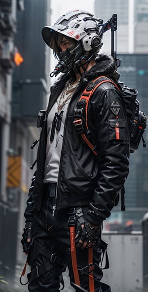 a male, ulzzang-6500, (original: 1.2), (far shot), (Helmet on a face, mask in face, cyber helmet:1.3), (realistic: 1.3), masterpiece, best quality, fullbody, 1girl, fur, wearing black techwear jacket and trousers with buckle and tape, ((a crystal necklace)), carrying a big backpack, posing for a picture, (side ponytail with cobalt highlights), long legs, holding one archery, a huge cross sculpture behind,urban techwear,guweiz style