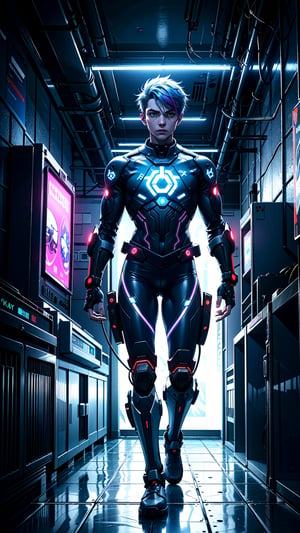 a boy In a neon-lit, perfect body composition, futuristic cityscape, a cyber-enhanced individual, Their glowing tattoos and neon hair stand out in the vibrant, technologically advanced world. The intricately detailed cyber-eyes peer into the augmented reality interface, while the holographic display showcases their cybernetic implants. Dressed in a leather jacket, off-shoulder, adorned with high-tech accessories, they exude a sense of style and power. Reflective surfaces capture the neon reflections, and dramatic lighting enhances the sci-fi aesthetic. Their appearance is a masterpiece of futuristic fashion and cybernetic enhancements.,fate/stay background