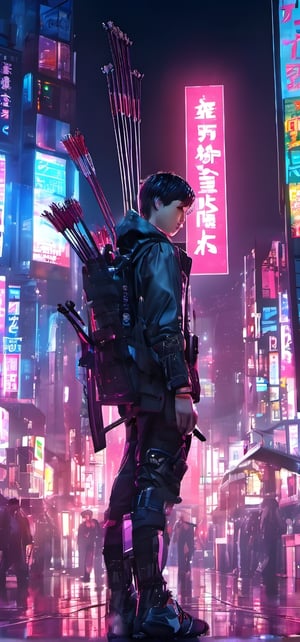 1 boy, holding one archery, standing on top building, cyber, cyberpunk style, Tokyo city, neon light, night, buildings, highres, realistic, 