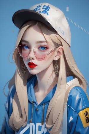 illustration of 20 years old girl, urban style, japanese vibe, red lips, blue eyes, make_3d