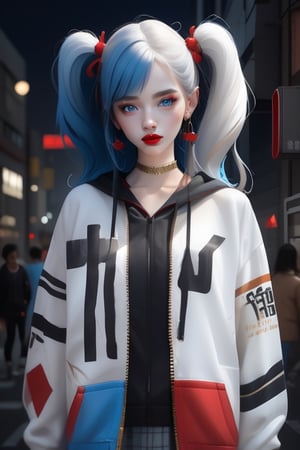 illustration of 20 years old girl, urban style, japanese vibe, red lips, blue eyes, make_3d