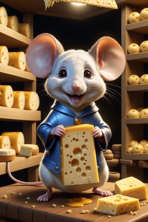 Stunningly detailed, hyper-realistic anthropomorphic mouse cheese maker rendered in a high quality 16K UHD masterpiece. The mouse, with a chibi style design, wears an adorable smile and has a cute, graceful face. The cartoon-like illustration features an emotionally charged scene in the background, where a themed environment shows the challenges and triumphs of a cheesemaking journey. The picture was shot in RAW format, which further enhances the dynamic plot and ultra-realistic details.

,more detail XL