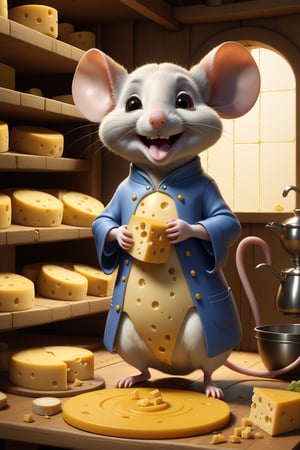 Stunningly detailed, hyper-realistic anthropomorphic mouse cheese maker rendered in a high quality 16K UHD masterpiece. The mouse, with a chibi style design, wears an adorable smile and has a cute, graceful face. The cartoon-like illustration features an emotionally charged scene in the background, where a themed environment shows the challenges and triumphs of a cheesemaking journey. The picture was shot in RAW format, which further enhances the dynamic plot and ultra-realistic details.

,more detail XL
