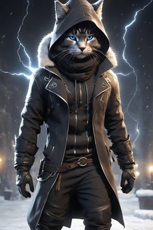 assassin creed, a cat, winter_clothes, black clothe, hoodie on head, full_body, high_resolution, high detail, perfect body,Monster,Xxmix_Catecat,composed of elements of thunder,thunder,electricity, full_body,more detail XL