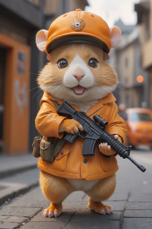 The hamster made of orange body parts has a sinister face, wears a hat, and holds a machine gun, aiming at the fleeing passers-by. The background is a bustling modern street
