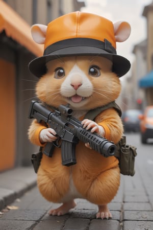 The hamster made of orange body parts has a sinister face, wears a hat, and holds a machine gun, aiming at the fleeing passers-by. The background is a bustling modern street
