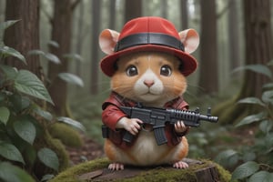 The hamster made of red body parts has a sinister face, wears a hat, and holds a machine gun, aiming at the fleeing animals. The background is a lush forest
