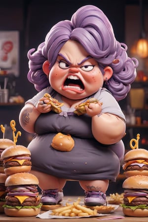 high with
ugly woman
purple hair
obese
eating a lot of burgers

restaurant full of food